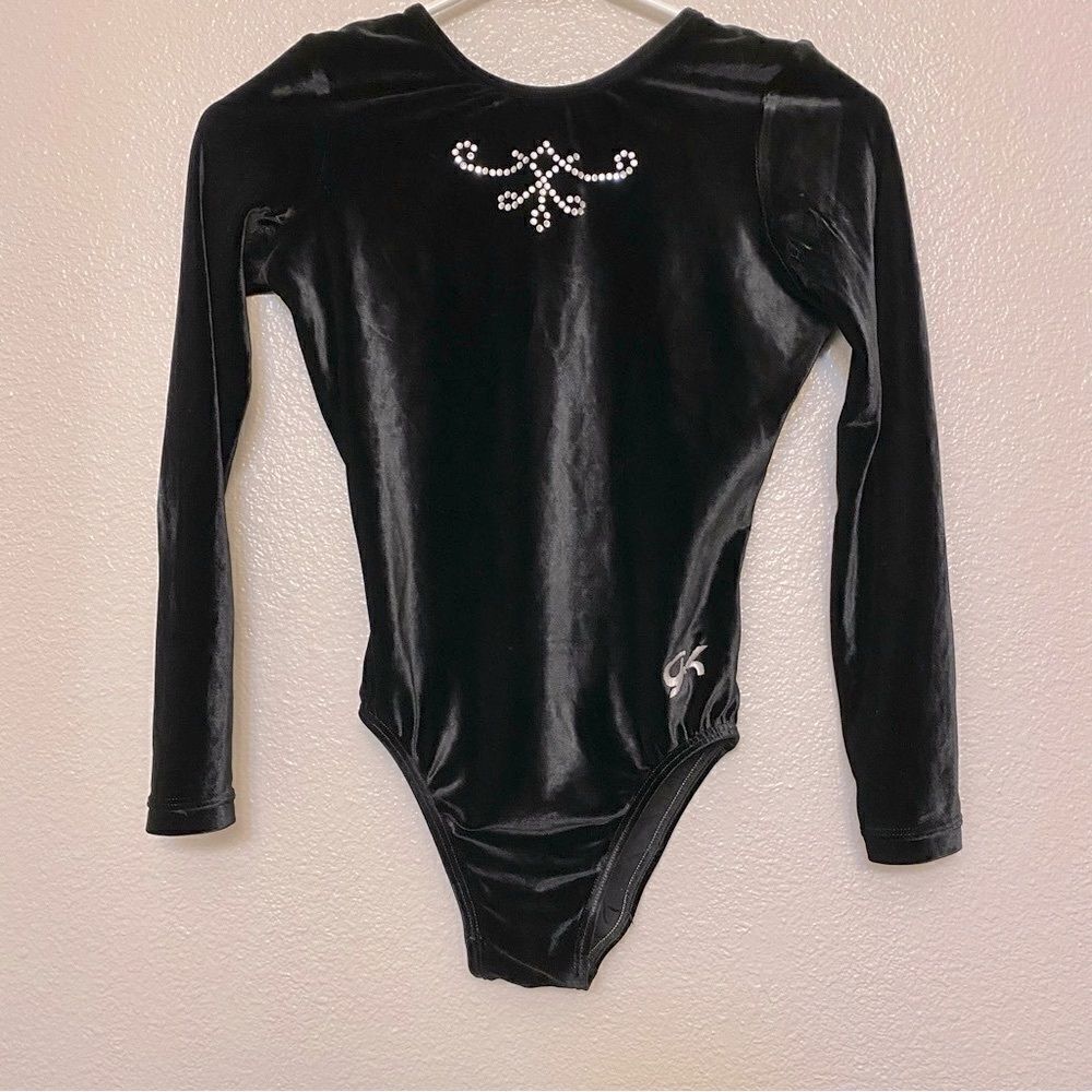 GK elite gymnastics competition leotard long sleeve black velvet rhinestone -S
